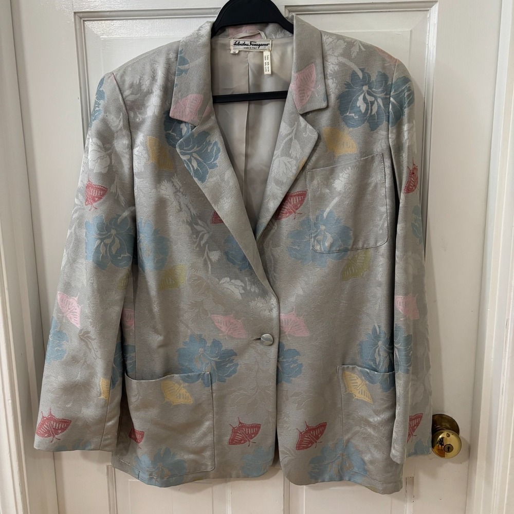 VTG Salvatore Ferragamo Brocade Jacquard Blazer Floral Sz 12 Old Money Elegant